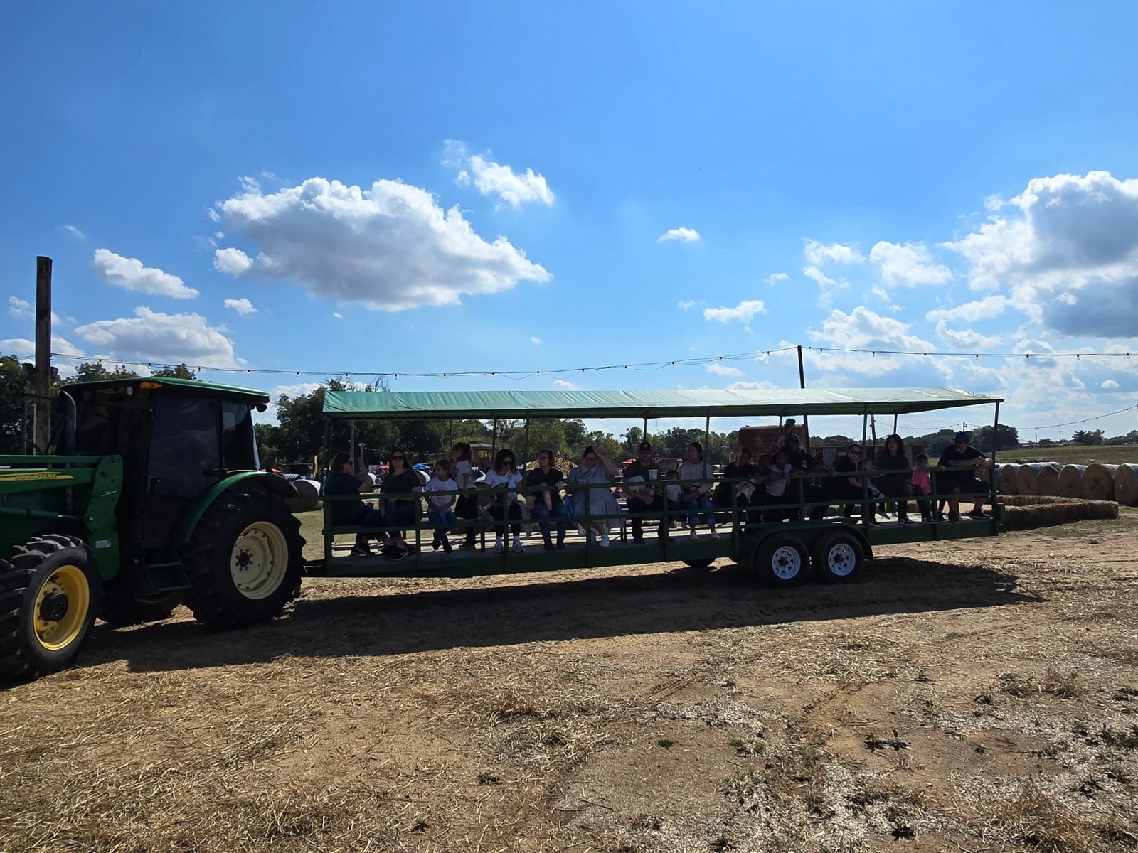 The covered hayride trailer waiting to board at Ruby Creek